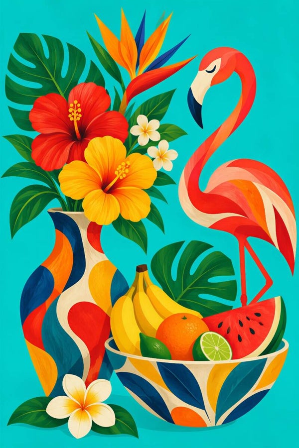 Tropical Flamingo – kleurrijk kunstwerk met flamingo, bloemen en fruit