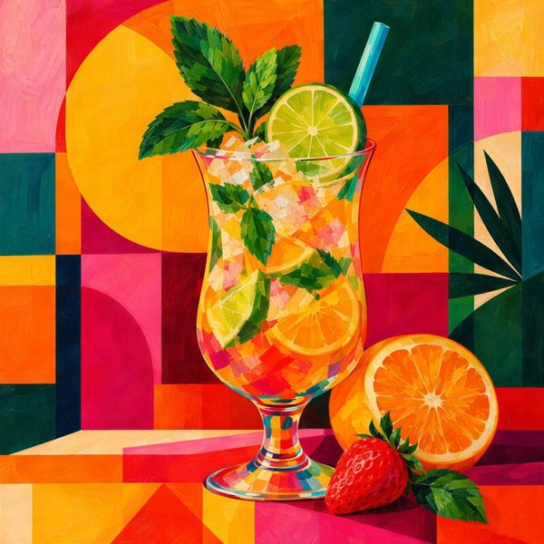 Tropical Mix – kleurrijk cocktail schilderij met sinaasappel, limoen en aardbei