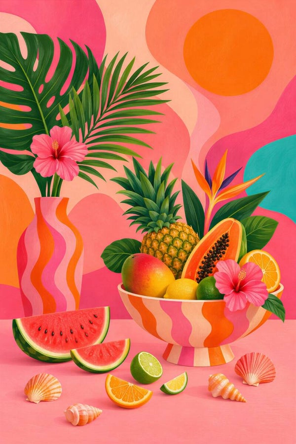 Tropical Paradise – kleurrijk tropisch fruit schilderij met hibiscus
