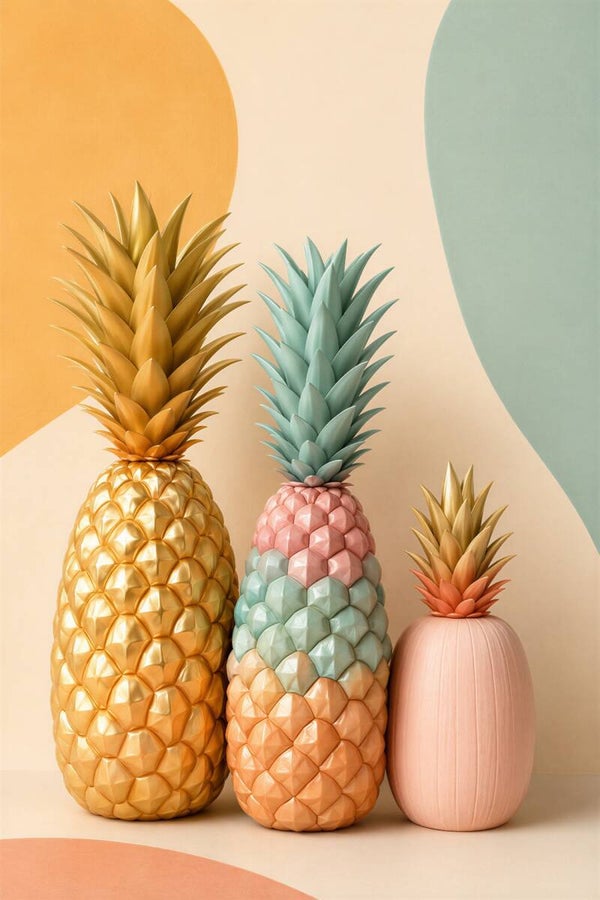 Tropical Pastels – kleurrijke ananas wanddecoratie in goud en pastelkleuren