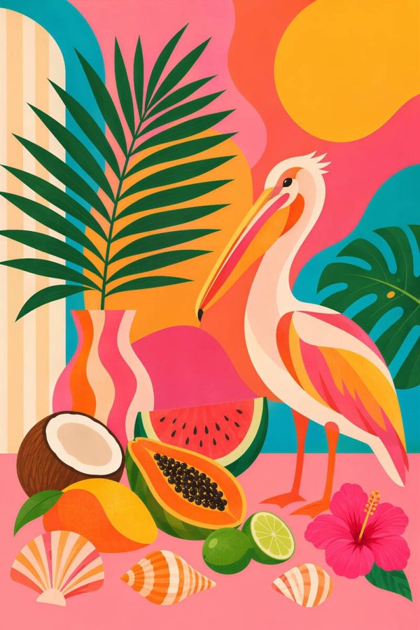 Tropical Pelican – kleurrijk pelikaan schilderij met tropisch fruit