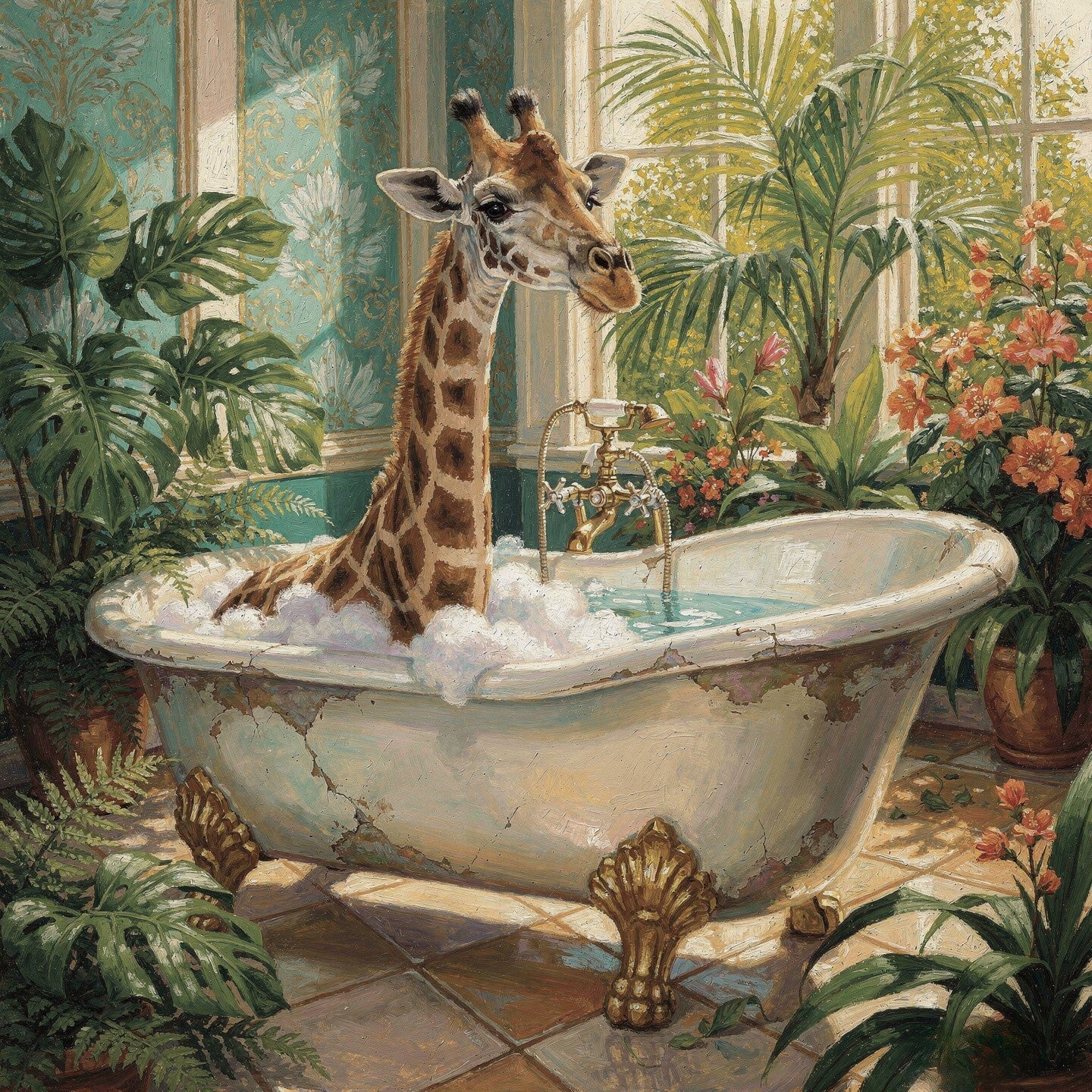 Badkamer in Bloei – schilderij met giraffe in klassiek bad en tropische planten