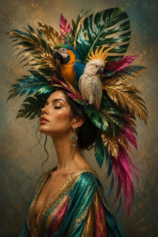 Tropische Majesteit – vrouw schilderij met papegaaien en gouden bladeren