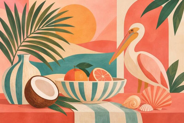 Tropische Tafel – kleurrijk abstract keuken schilderij met pelikaan en fruit