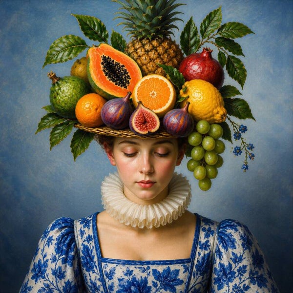 Tropische Weelde – vrouw met fruit en Delfts blauwe jurk