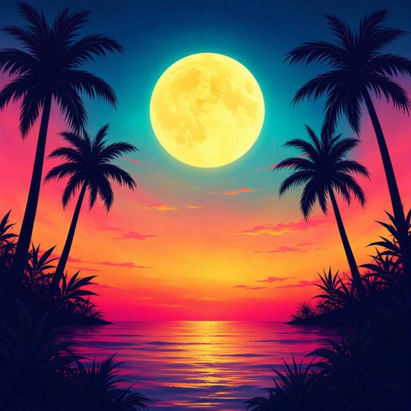 Tropische Zonsondergang met Palmbomen – kleurrijk retro schilderij zee en zon