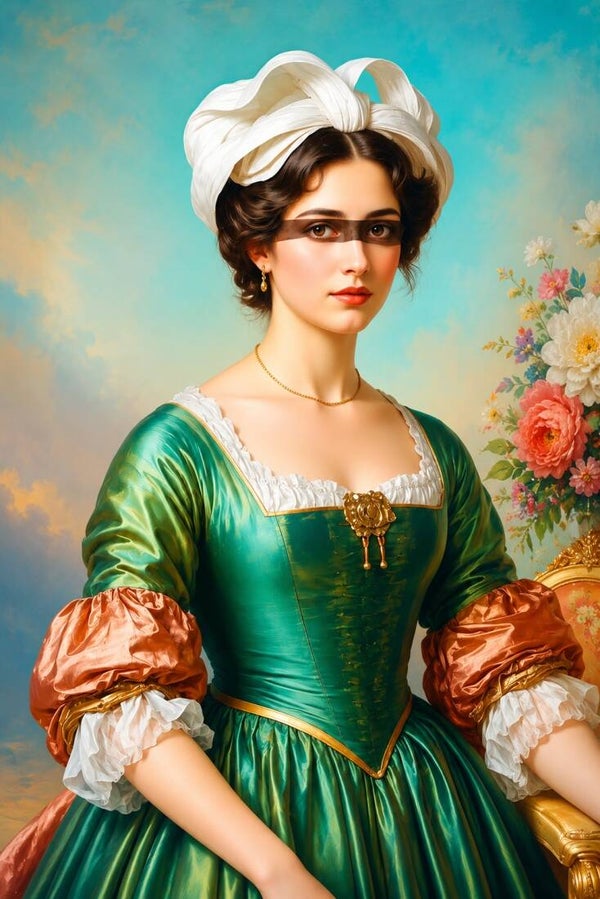 Smaragd en Bloei – vrouw schilderij in klassieke stijl