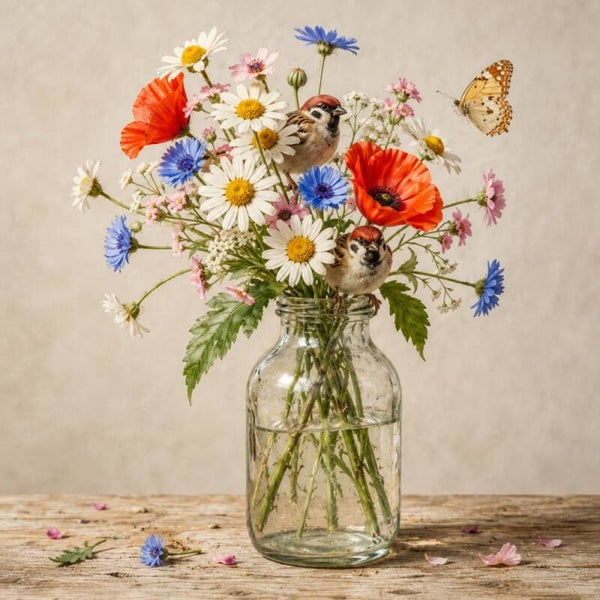 Tuinbezoek – landelijk schilderij met veldbloemen en twee musjes