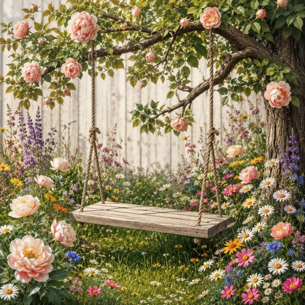 Tuinmoment onder bloesem – landelijk schilderij met schommel en bloemen