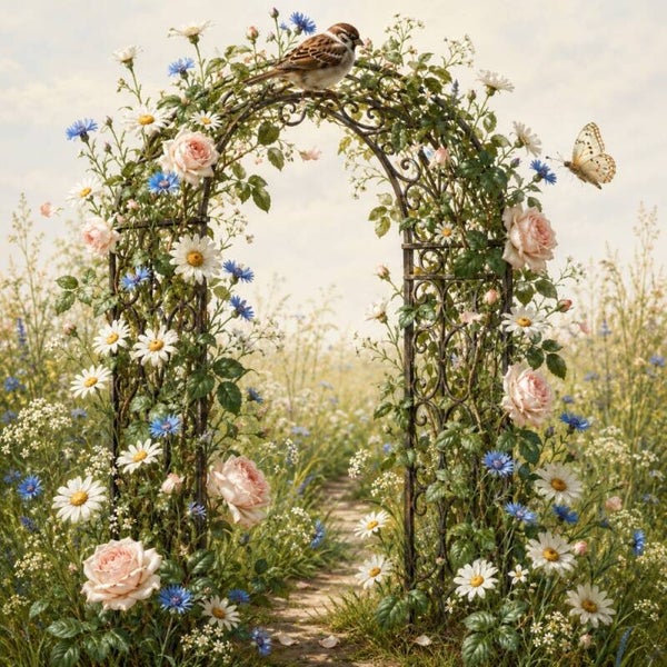 Tuinpoort in bloei – landelijk schilderij met rozen en musje