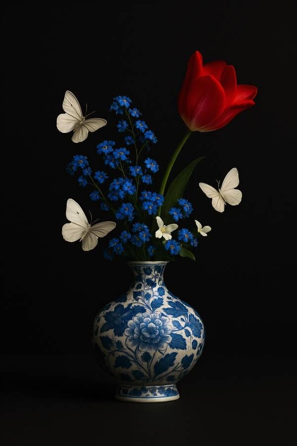 Delfts Blauw Moderne Vaas – schilderij met rode tulp en witte vlinders