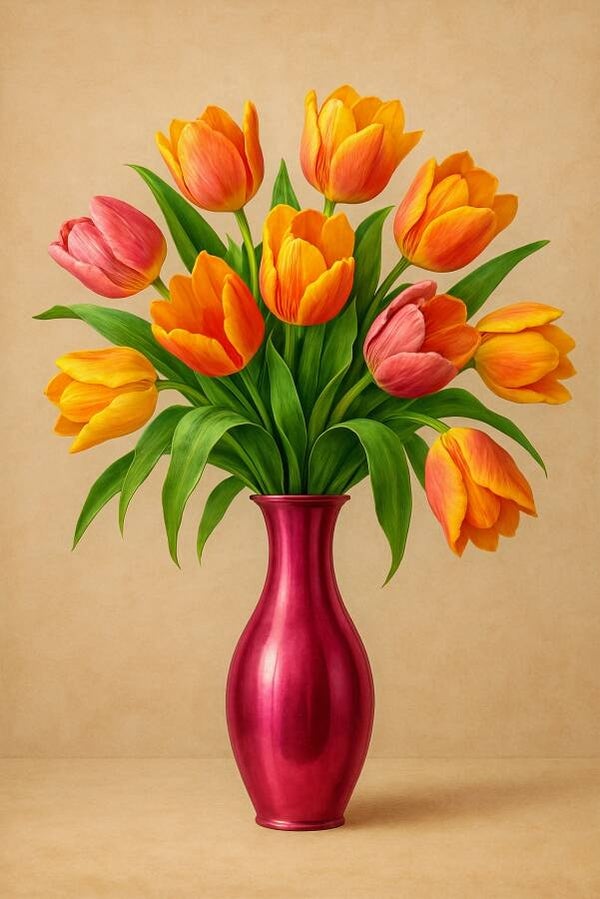 Tulipes en Rouge – schilderij met tulpen in metallic vaas en zachte achtergrond