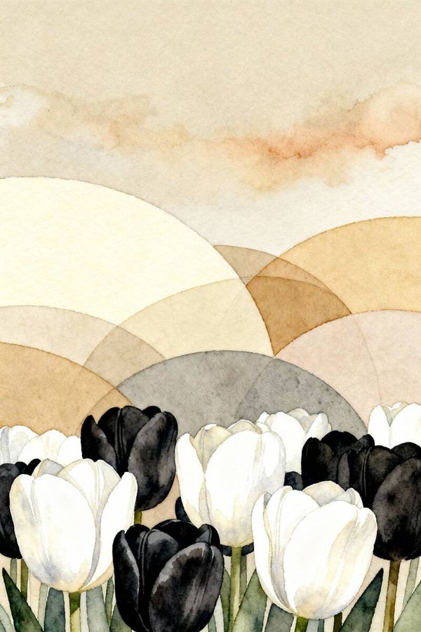 Booglicht – zwart-wit tulp schilderij met aquarelstructuur
