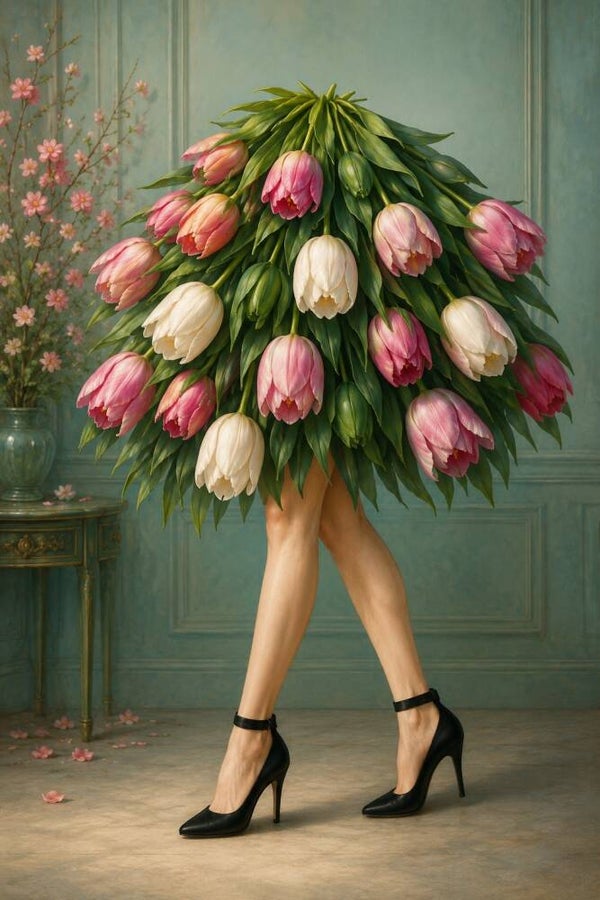 Tulpenparade – modern tulpen schilderij met vrouw