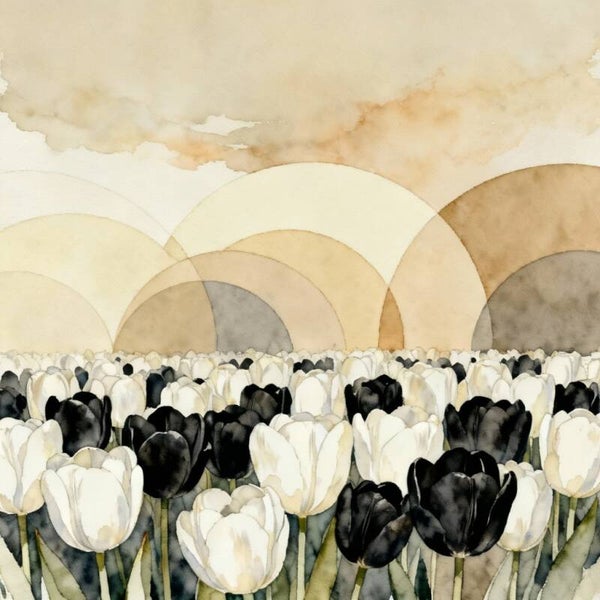 Zandbogen – abstract tulpen schilderij met aquarelstructuur