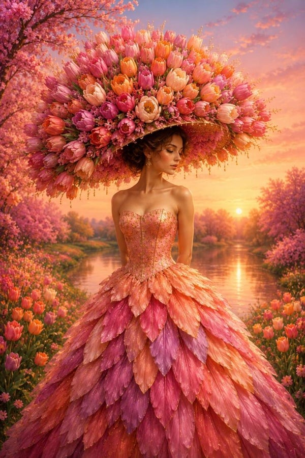 Tulpenavond – romantisch vrouw schilderij met tulpenhoed