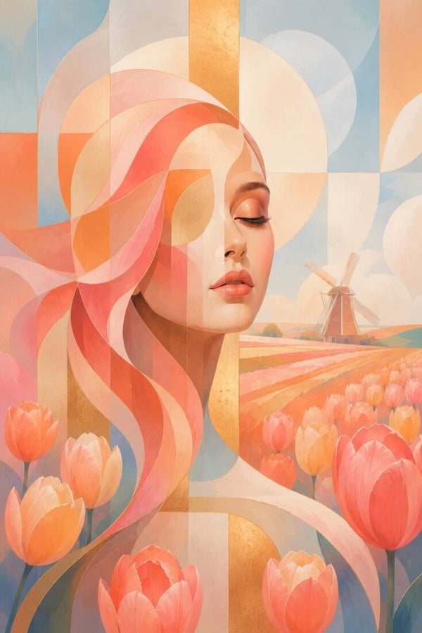 Tulpenfluistering – abstract vrouw schilderij met tulpenveld