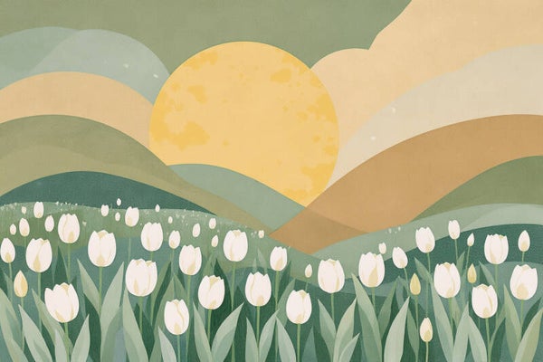 Ochtendlicht over het veld – abstract tulp schilderij in groen en geel