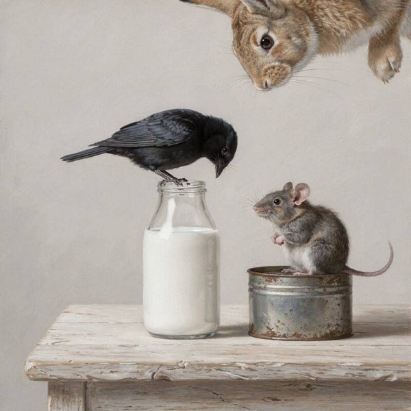 Tussen Melk en Stilte – schilderij met haas, vogel en muis in landelijke stijl