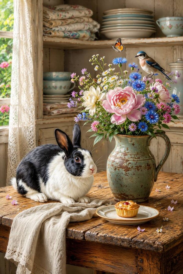 Tussen servies en bloemen – landelijk schilderij konijn bloemen stilleven