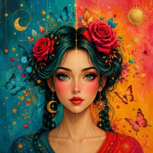 Tussen Zon en Maan – kleurrijk vrouw schilderij met vlinders