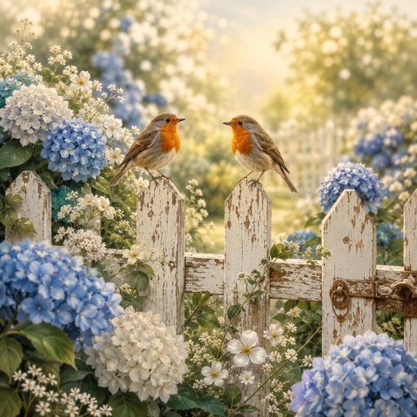 Twee Roodborstjes bij Hortensia's – landelijk schilderij met tuinvogels