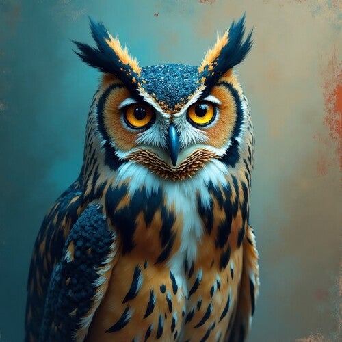 Schilderij van uil met intense blik en oranje ogen