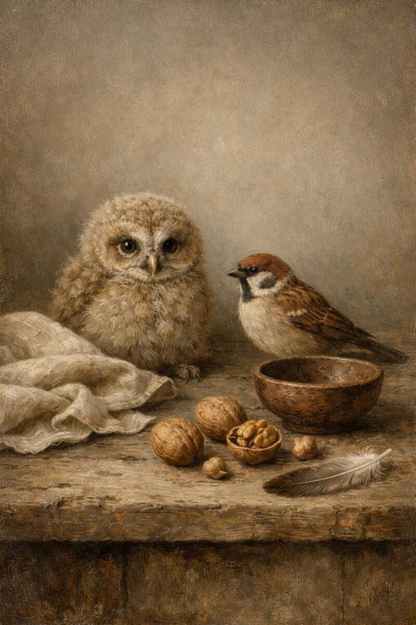 Uilenogen bij het ontbijt – schilderij in oude canvasstijl met uil en mus