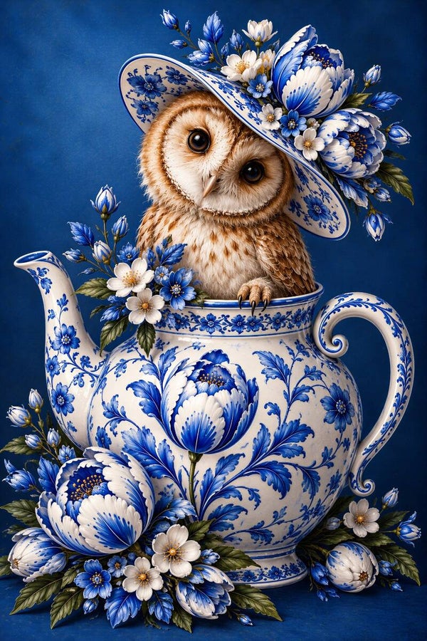 Delftse Uil in Bloei – landelijk uil schilderij met theepot en bloemen
