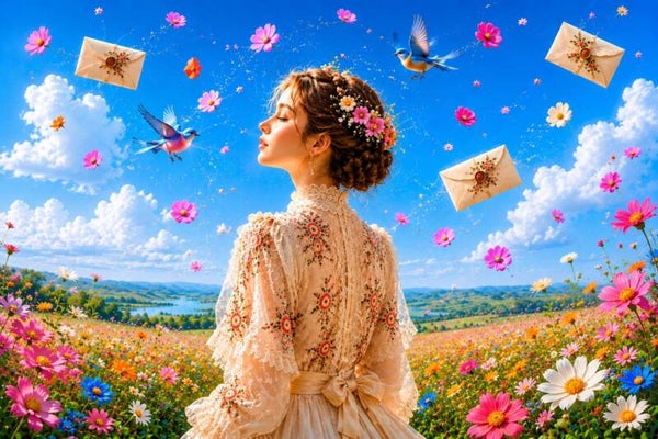 Bloemenbrieven – vrouw schilderij met bloemenveld, vogels en luchtpost