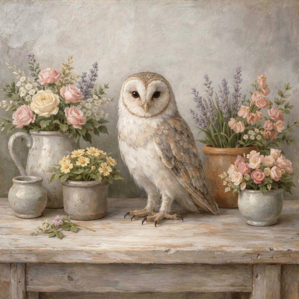 Uur van de Uil – landelijk schilderij met uil en bloemen