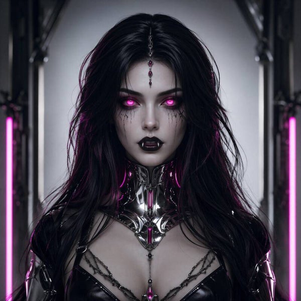 Neon Nocturne – gothic vampier vrouw schilderij