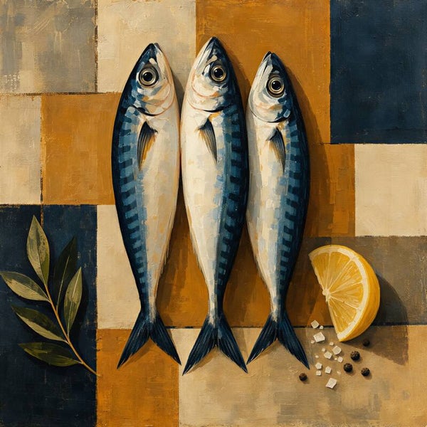 Vangst van Drie – abstract vis schilderij in blauw en okergeel voor keuken