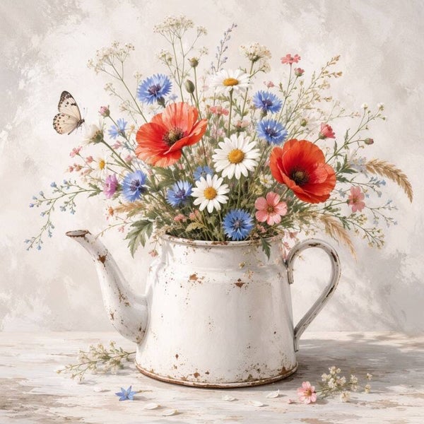 Veldbloemen in Emaille – landelijk bloemen schilderij met klaprozen