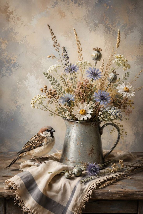 Veldbloemen en Vogelrust – landelijk cottage schilderij met mus