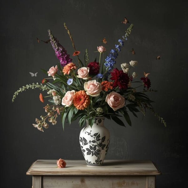Vlinderdans in Bloei – schilderij met veldbloemen in zwart-witte vaas