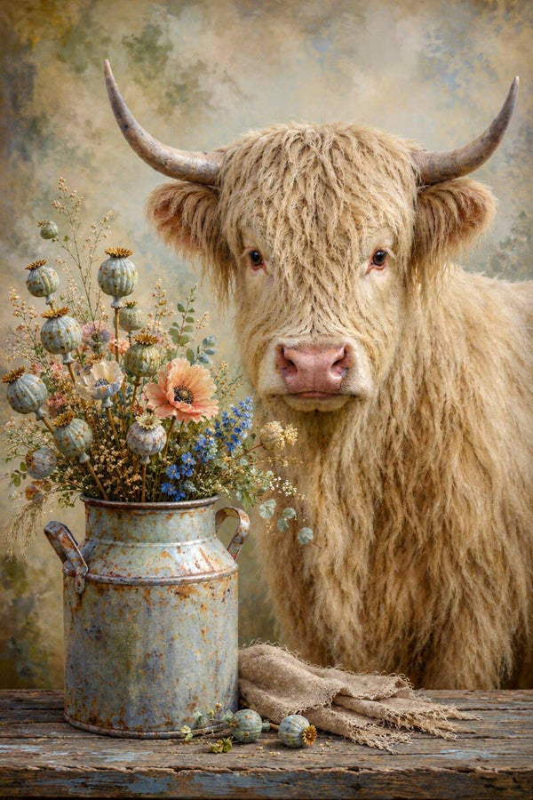 Veldwachter in Bloei – landelijk schilderij met Schotse hooglander