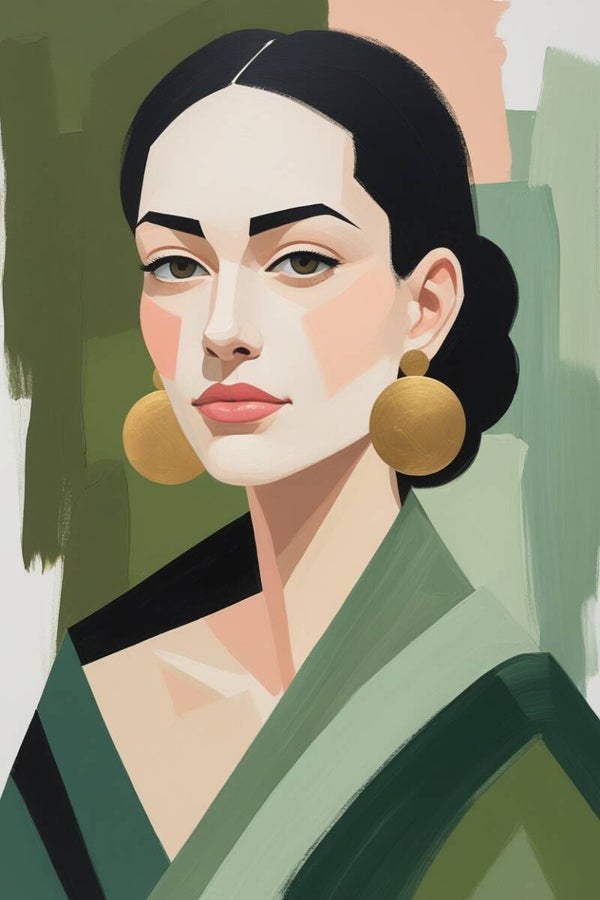 Velez – modern portret schilderij vrouw met gouden oorbellen in groene stijl