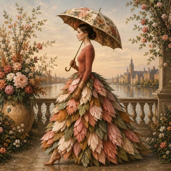 Veloura Jardin – Romantisch schilderij met bladerjurk en bloemenparaplu