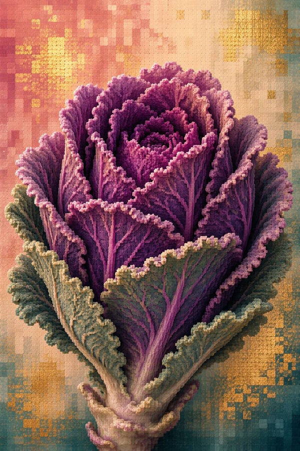 Velvet Harvest – paarse kool schilderij in pixelstijl met goud