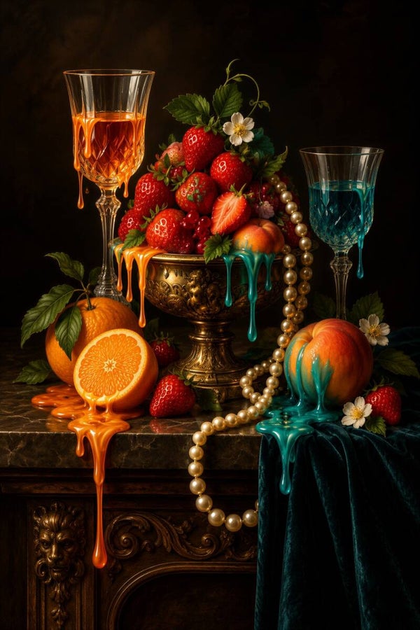 Velvet Temptation – luxe stilleven met aardbeien, fruit en glazen