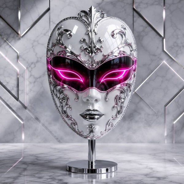 Neon Masquerade – Venetiaans masker roze zilver schilderij