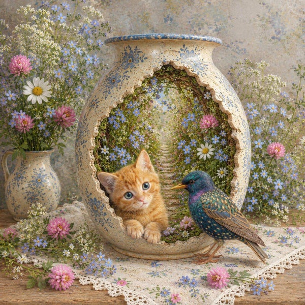 Verborgen Bloemenpad – poes schilderij met spreeuw en bloemenvaas