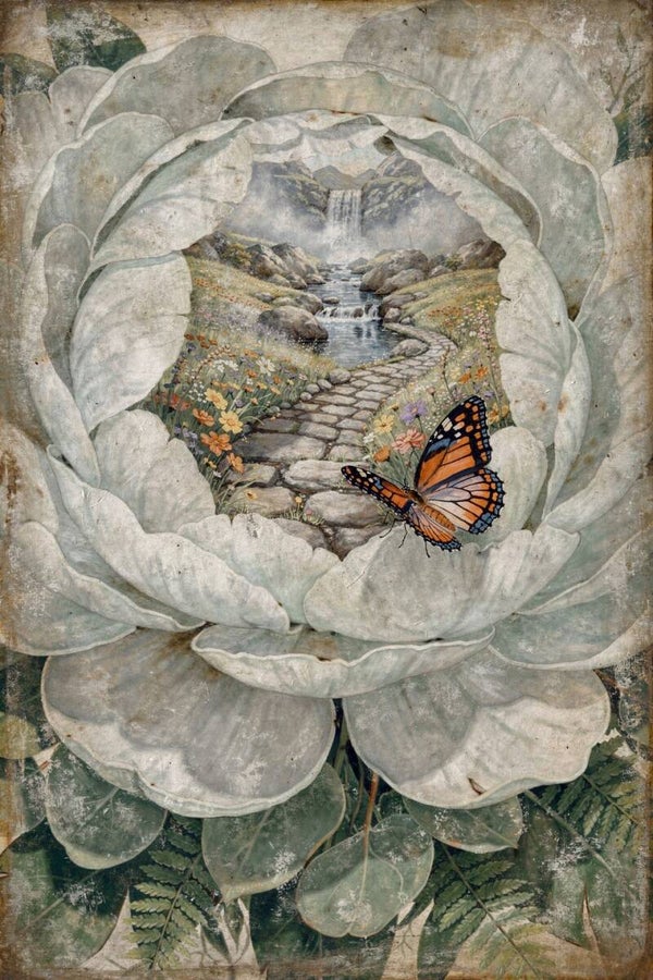 Verborgen Vallei – bloem schilderij met vlinder en waterval