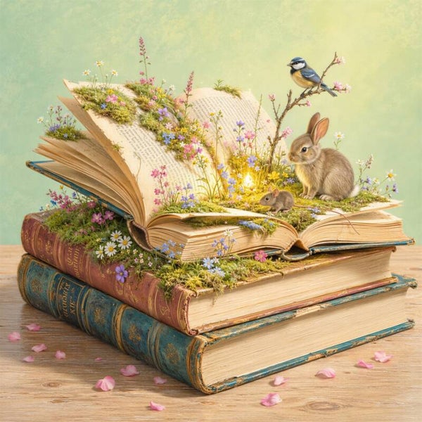 Verhalen die Groeien – boeken schilderij konijn muis vogel bloemen landelijk