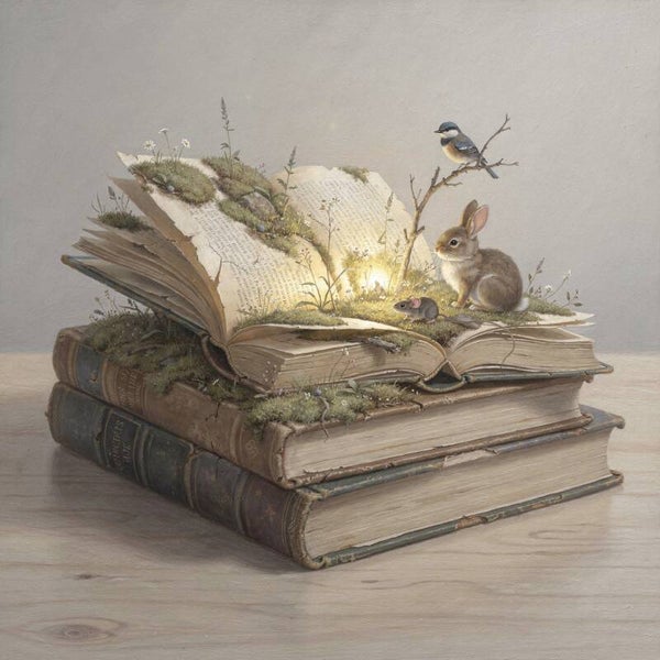 Verhalen die Groeien – schilderij met haas, muis, vogel en boeken in landelijke stijl