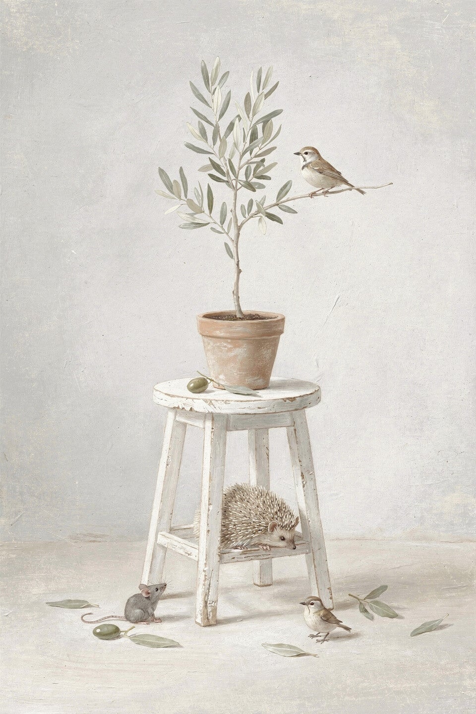 Verhalen onder de olijfboom – landelijk schilderij met vogel, egeltje en muis