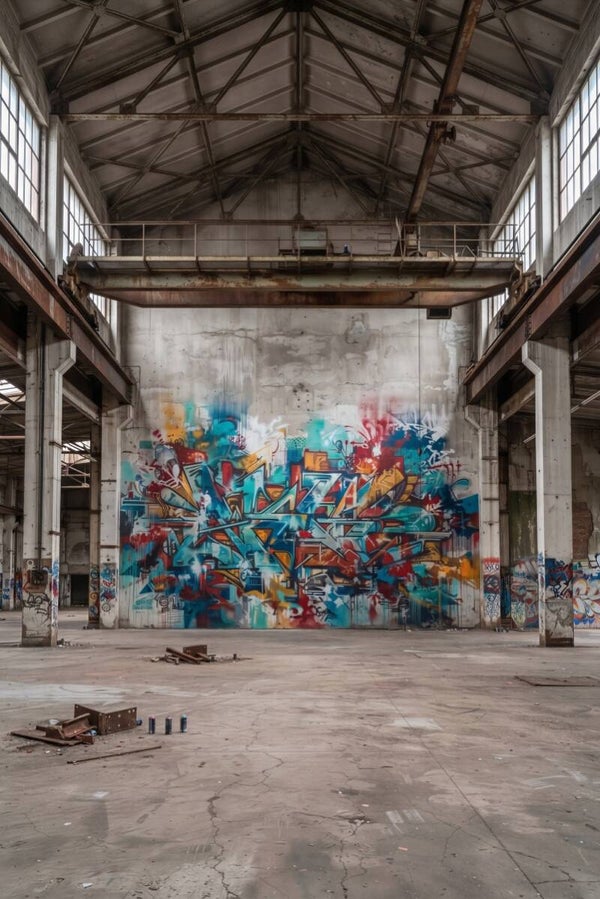 Echo van de Fabriek – Verlaten industriehal met kleurrijke graffiti