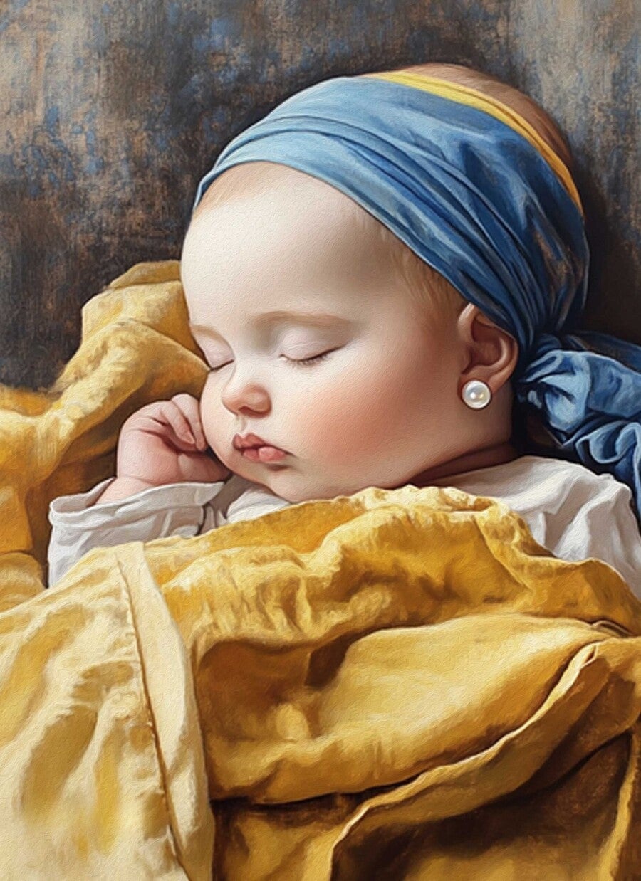 Dromende Parel – klassiek Vermeer baby schilderij op hout