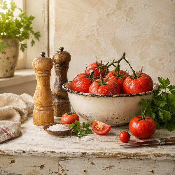Verse Oogst – landelijk keukenstilleven met tomaten en emaille kom